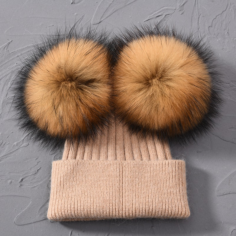 Double Real Raccoon Fur Pompom Hat Women Winter Caps Knitted Wool Hats Skullies Beanies Girls Female Two Fur Pom Pom Beanie Hat