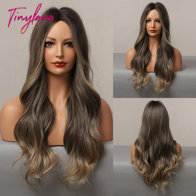 Long Synthetic Brown Blonde Water Wavy Gloden Highlight Wigs Middle Part Heat Resistant Cosplay Natural Hair for Black Women