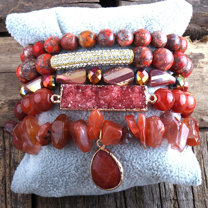 RH nuevo diseñador de moda rojo con cuentas de piedra Natural Druzy gota encantos 5 piezas conjuntos de pulseras para mujer joyería DropShip