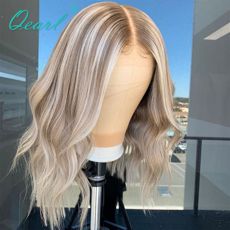 Pelucas de cabello humano con frente de encaje HD para mujer, peluca Frontal de encaje Bob corto, rubio ceniza degradado, gris, reflejos, peluca transparente 13x1, oferta Qearl