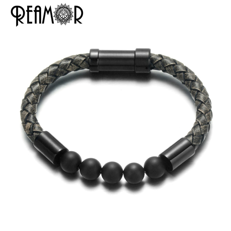 REAMOR Männer Schwarz Grün Naturstein Geflochtene Lederarmbänder Goldfarbe 316L Edelstahl Eingebetteter Verschluss Armreif Schmuck