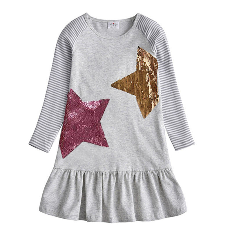 DXTON, vestidos de invierno para niñas, manga voladora, unicornio, vestido para niños, rayas de estrellas, ropa de algodón para niños pequeños, vestido informal para niñas