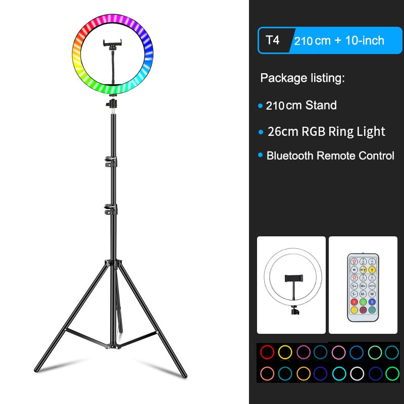 26cm Colorful RGB Ring Light with Stand Phone Tripod Lighting Ring Light with Remote Phone Camera Holder for Tiktok Photo Video