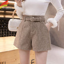 New Autumn Winter High Waist Wide Leg Woolen Shorts Women Khaki Gray Black Outerwear Warm Shorts With Belt A-line Short Femme