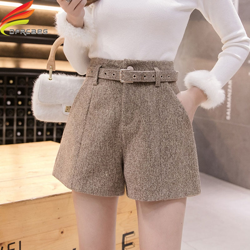 New Autumn Winter High Waist Wide Leg Woolen Shorts Women Khaki Gray Black Outerwear Warm Shorts With Belt A-line Short Femme