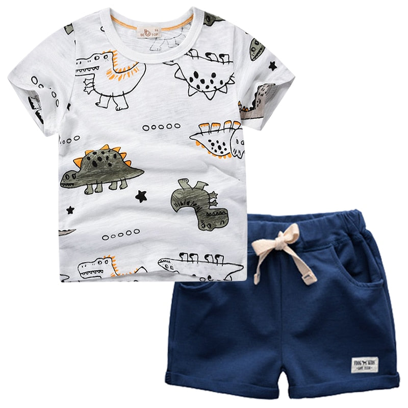 BINIDUCKLING 2021 Summer Toddler Boys Clothes Set Cartoon Dinosaur Printed Cotton T-Shirt Shorts Child Outfits Kids Clothing