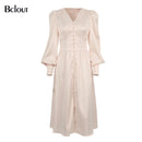 Bclout Elegant Satin Single-Breasted Shirt Dress Fashion Beige Slim V Neck Long Dresses Woman Latern Sleeve Autumn Winter Robe