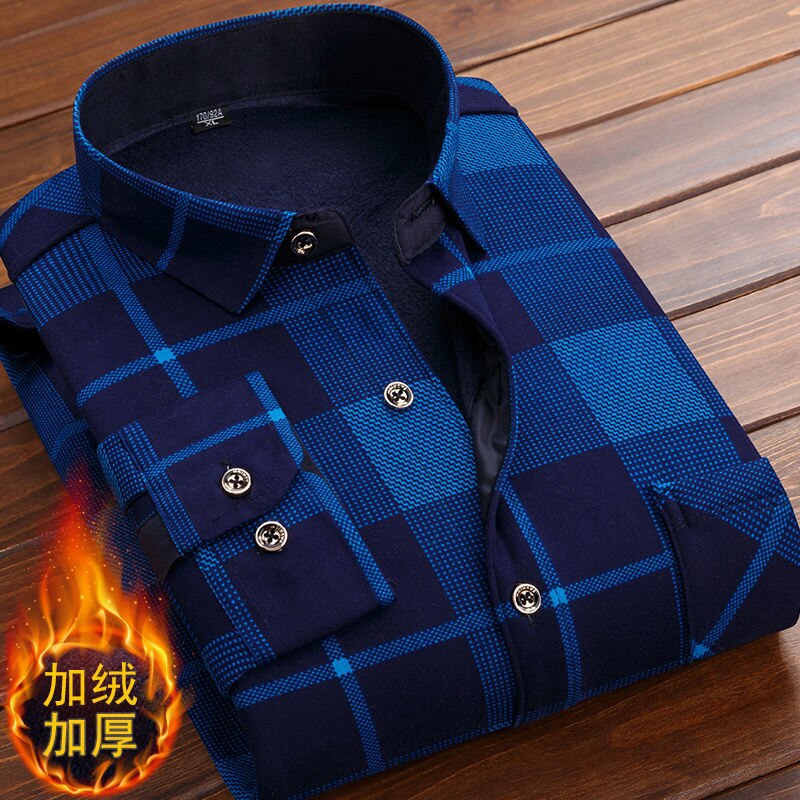Formal Shirt For Men 2020 Long Sleeve Fleece Warm Plaid Oversized Plaid Collar Shirt Winter Velvet Clothing warm Plaid shirt 5XL