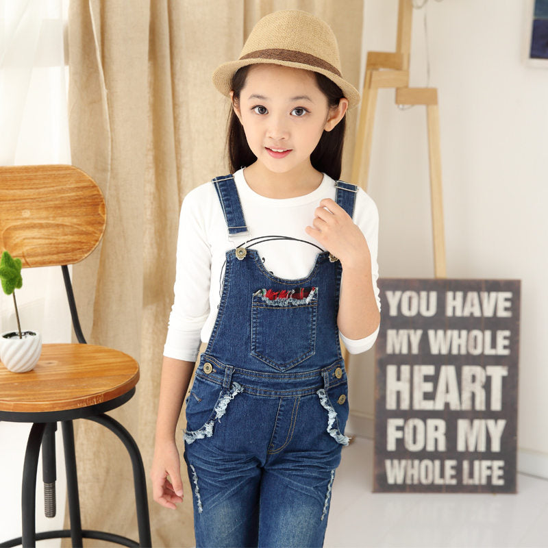 Kids Denim Overalls Jumpsuit for Girls Hole Ripped Jeans Pants Children Denim Bib Jumpsuit Teenage Jeans Suspender Trousers