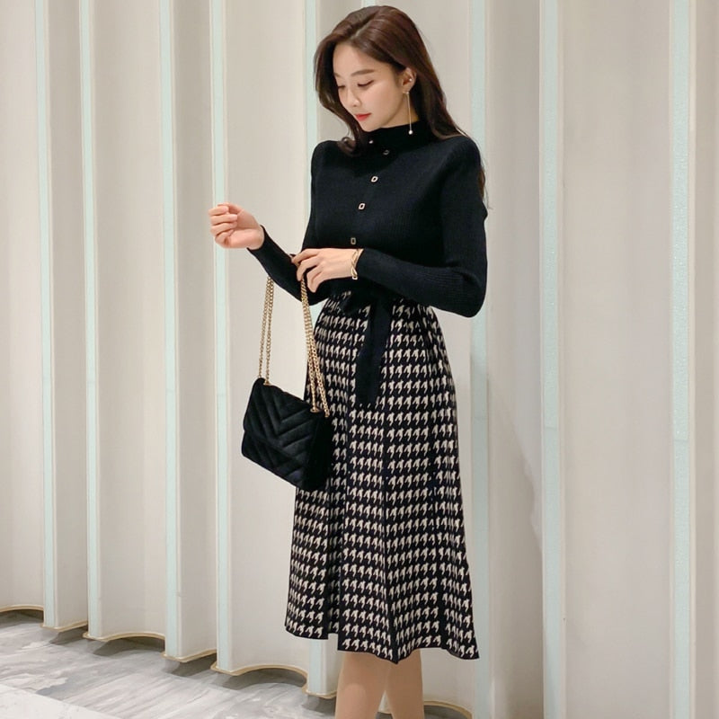 Vestido de punto de estilo coreano para mujer de invierno, suéter de tortuga a la moda, vestido de cintura alta a cuadros con empalme de punto, Vestidos hasta la rodilla