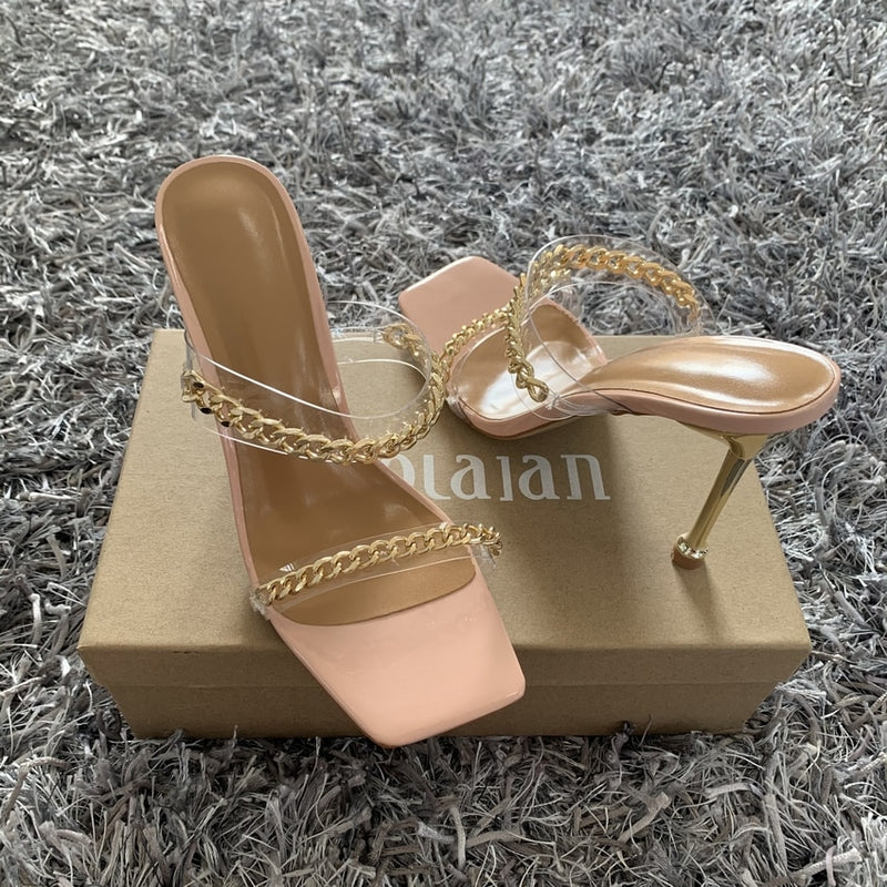 Summer Women Sandals Square Toe Ladies Heel Mules Clear PVC Transparent High Heels Slippers Female Fashion Chain Shoes Woman