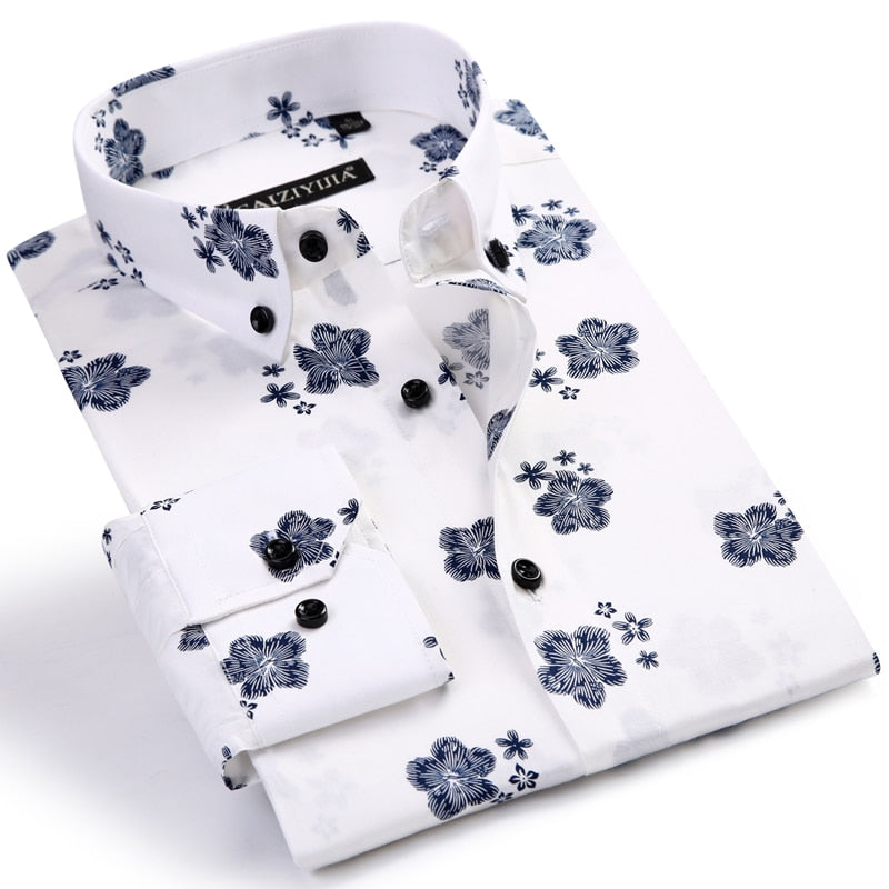 Herrenmode, langärmliges Hemd mit Blumendruck, bequemer Standard-Fit, lässig, dünnes Hemd mit Button-Down-Kragen