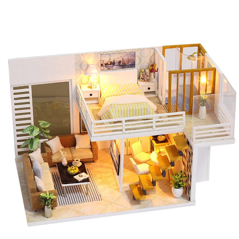 Cutebee DIY Dollhouse Kit Apartment Loft Miniatur-Puppenhäuser aus Holz mit Möbel-LED-Leuchten für Kindergeburtstagsgeschenk