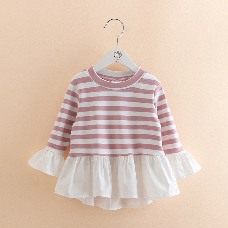 2021 Spring Fashion 2-10 Years Kids Child Tees Tops O-Neck Long Sleeve Stripe Lace Patchwork Cotton Autumn Baby Girls T-Shirts