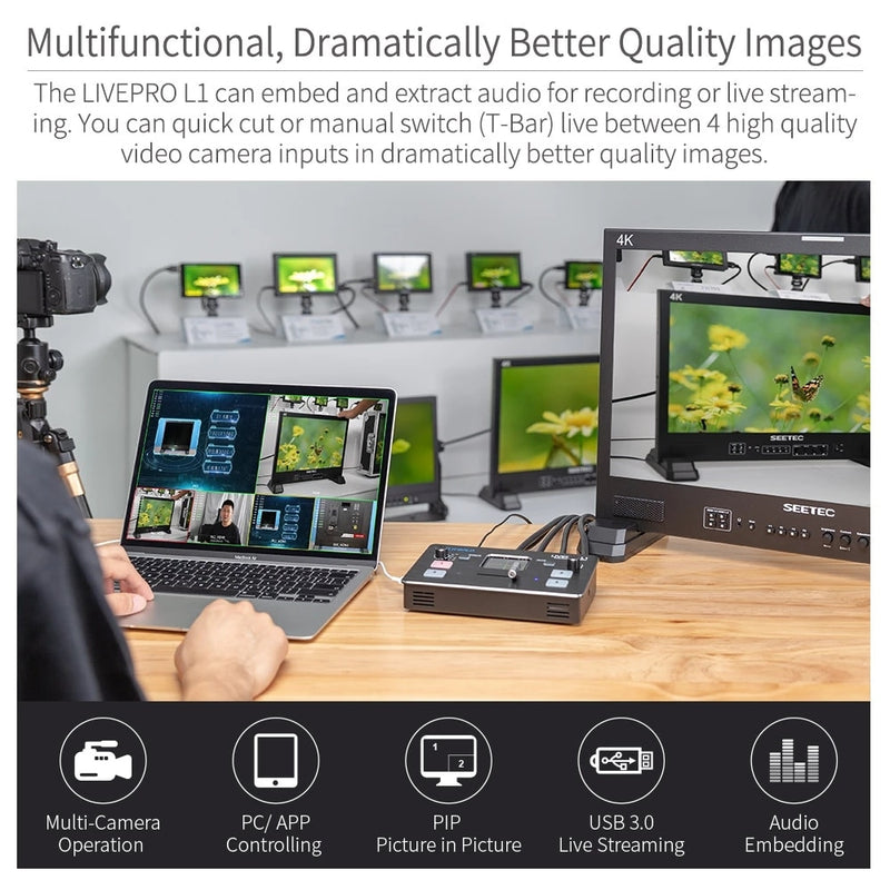 Conmutador Atem de vídeo multiformato FEELWORLD, mezclador de 4 entradas HDMI, USB 3,0 para cámaras múltiples, conmutadores de transmisión en vivo LIVEPRO L1