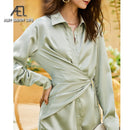 AEL lace up satin robe dress casual loose ladies Single breasted long shirt dress