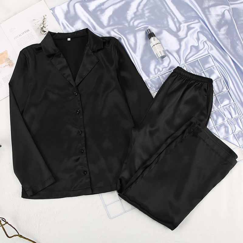 Restve Black Sleepwear Female Satin 2 Piece Set Solid Women Pajamas Loose Pants Casual Home Suit Sets Nightwear Winter Pocket