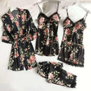 Lace Patchwork 5PCS Sleepwear Nightgown Kimono Bathrobe Gown Satin Lady Nighty&amp;Robe Suit Sexy Home Clothes White Wedding Robe
