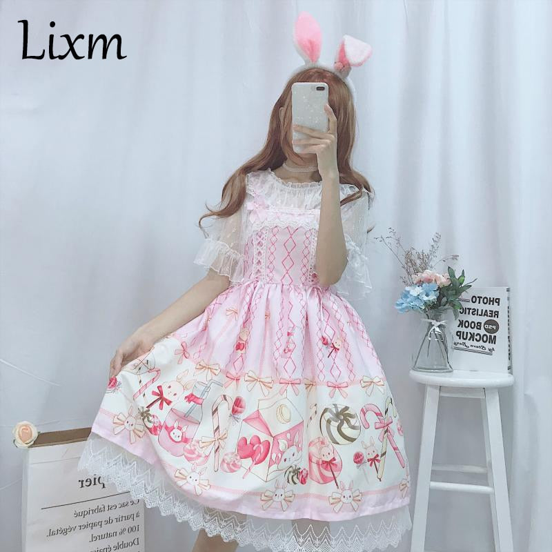 Japanese JSK Lolita Dress women summer dress sweet soft girl wind cute cartoon lolita suspender dress cute