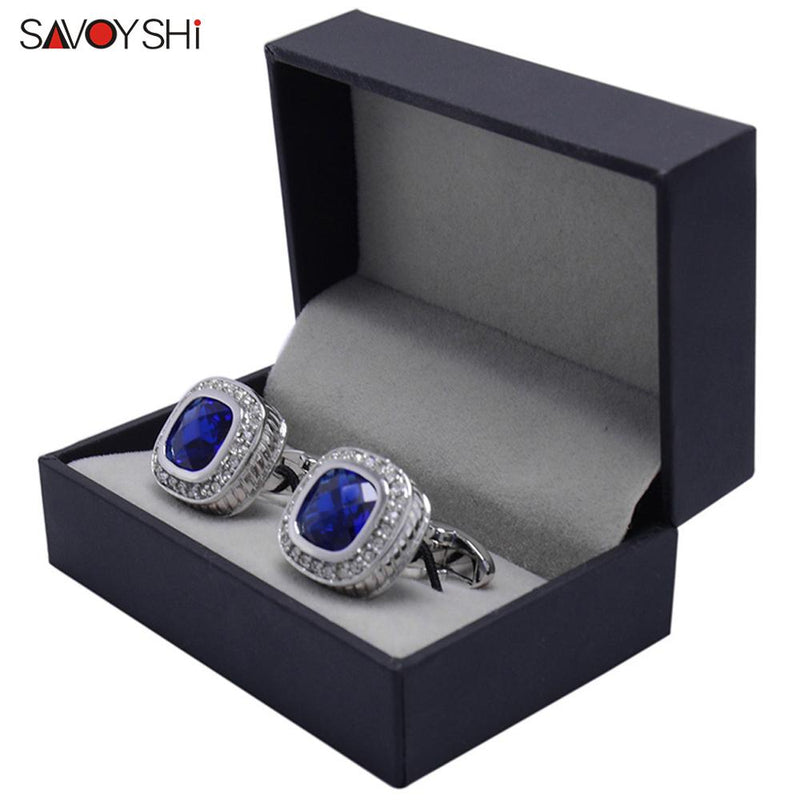 SAVOYSHI Luxury Square Cufflinks for Mens French Shirt High Quality Blue Crystals Cuff links Wedding Grooms Gift Man Jewelry