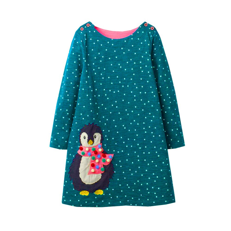 VIKITA Mädchen Baumwollkleid Kinder Cartoon Applizierte Vestidos Kinder Freizeitkleidung Kleidung Mädchen Langarm Patchwork Kleider