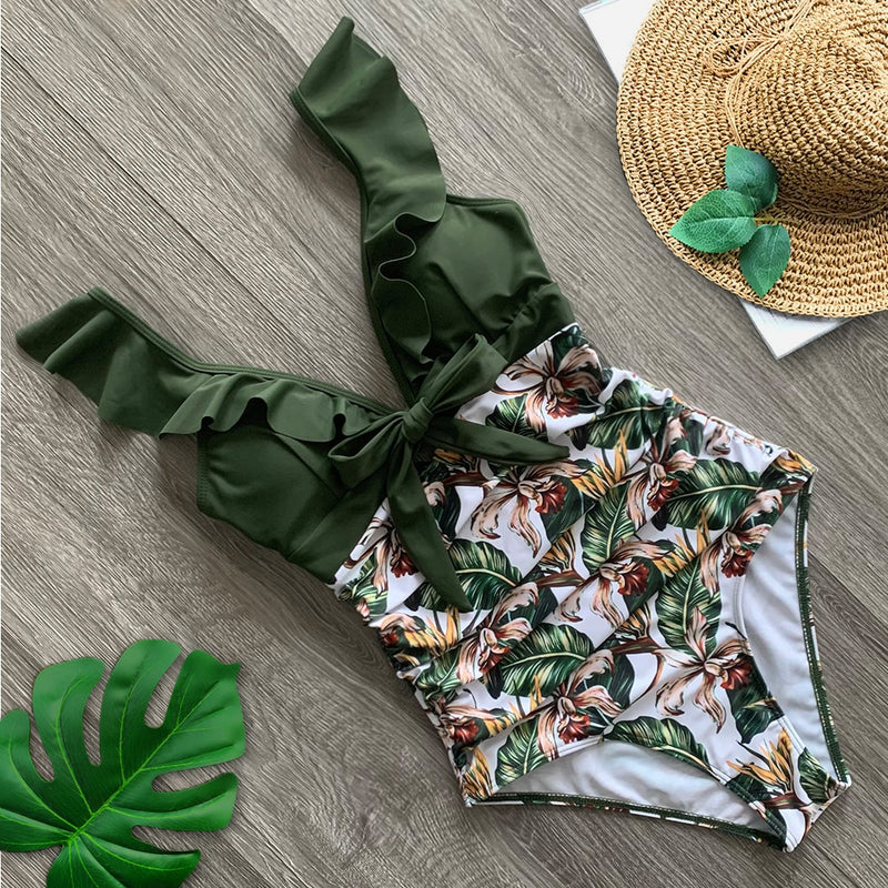 2020 Sexy New Ruffle One Piece Swimsuit Off The Shoulder Swimwear Women Swimsuit Deep-V Bathing Suits Beach Wear Swim Suit