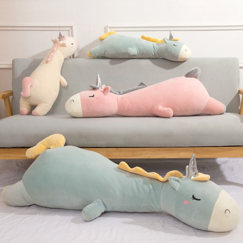 Unicornio de juguete suave gigante relleno de cuerno de plata unicornio almohada para dormir de alta calidad almohada de decoración de cama de animales cojín