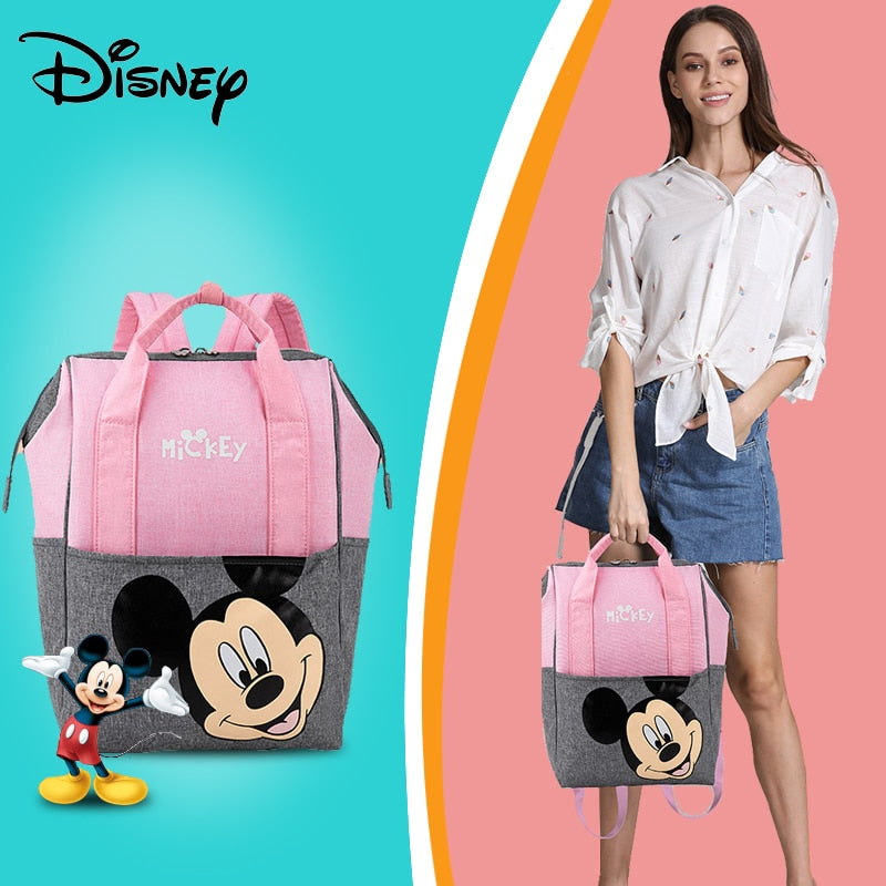 Bolsa de pañales de mamá de Disney, bolsa de lactancia para el cuidado del bebé, mochila de viaje de diseñador, bolsos rosas y grises de Mickey Minnie