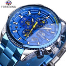 Forsining Mens Automatic Watch Blue Steel Band Calendar 3 Sub Dial Wristwatch Mechanical Waterproof Male Clock Relogio Masculino