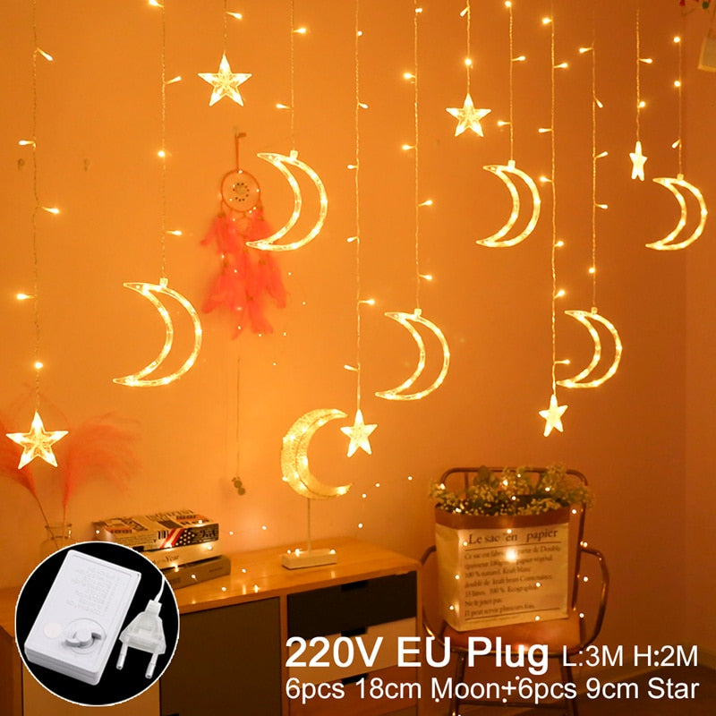 Eid Mubarak Star Moon Led cortina guirnalda luces Ramadán decoración Islam musulmán fiesta decoración Eid Al Adha regalos Eid luces