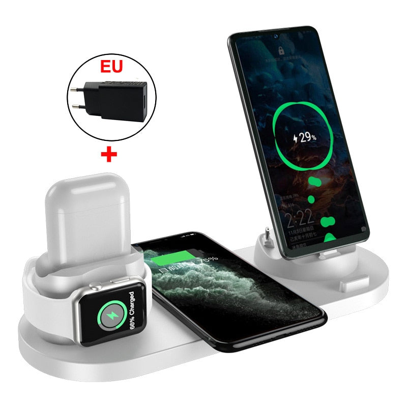 Drahtlose Ladestation 10W Qi Fast 6 in 1 für iPhone Airpods USB Typ C Standtelefon-Ladegerät für Apple Watch Airpods Aufladen