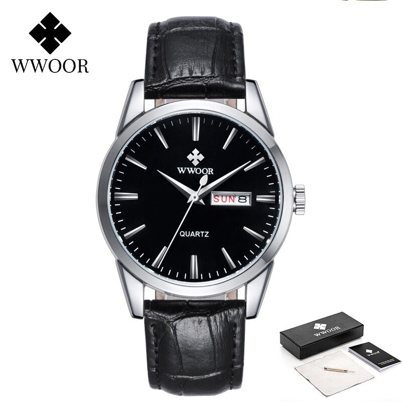 WWOOR Famous Brand Men Watch Day Date Analog Quartz Clocks Luxury Sports Business Leather Casual WristWatch relogio masculino