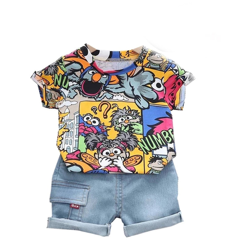 Conjunto de ropa de verano para niños con sombrero para el sol, camiseta de manga corta con grafiti a la moda, conjunto de pantalones cortos de mezclilla, ropa para niños