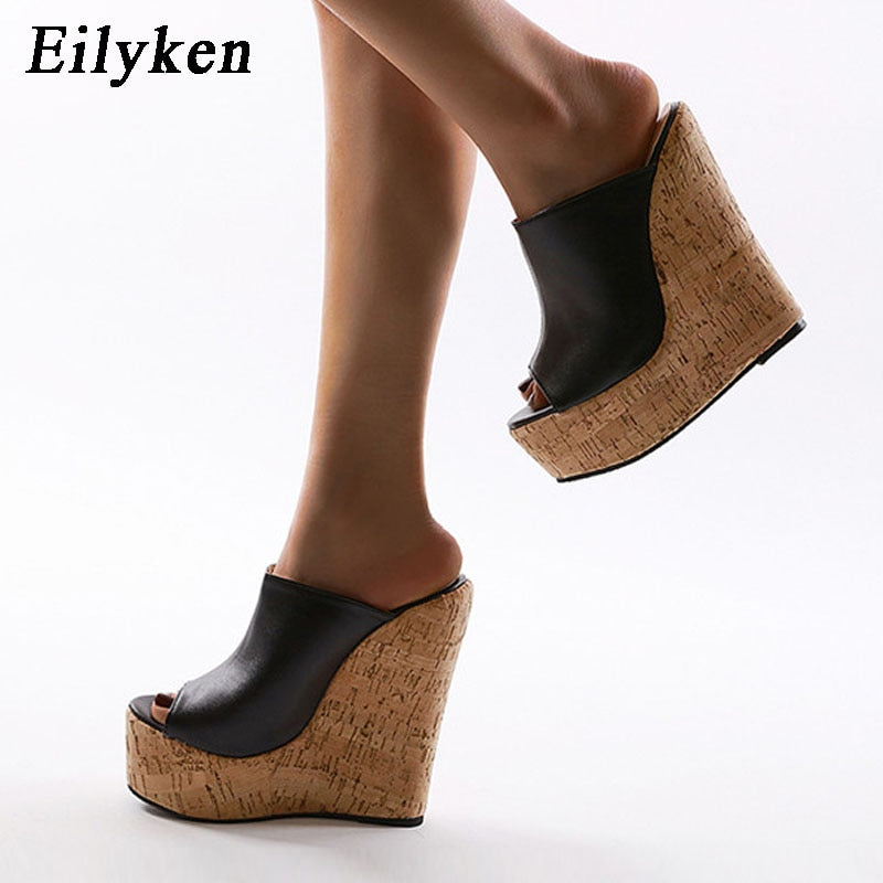 Eilyken Summer Outdoor Fashion Peep Toe Platform Slippers High Quality PU Leather Sandals Women Wedges Heels Ladies Shoes