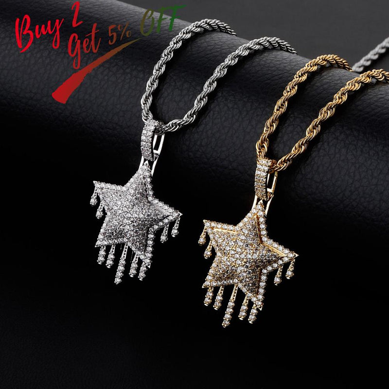 TOPGRILLZ Men's Women Iced Out Cubic Zircon Bling Drip Star Necklace & Pendant Gold Silver Color Hip Hop Jewelry Tennis Chain