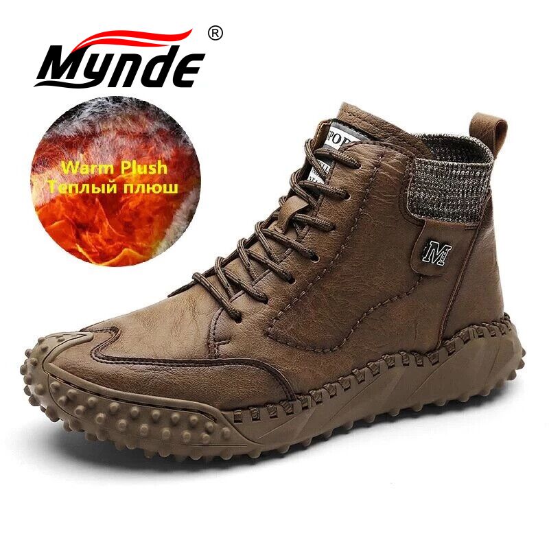 Neue Winter Herrenstiefel Dicke Plüsch Warme Herren Schneestiefel Leder Herren Stiefeletten Handgefertigte Motorradstiefel Outdoor Herrenschuhe