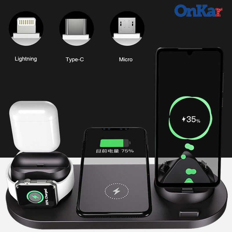Estación de cargadores inalámbricos 10W Qi Fast 6 en 1 para iPhone Airpods Usb tipo C cargador de teléfono con soporte para Apple Watch Airpods carga