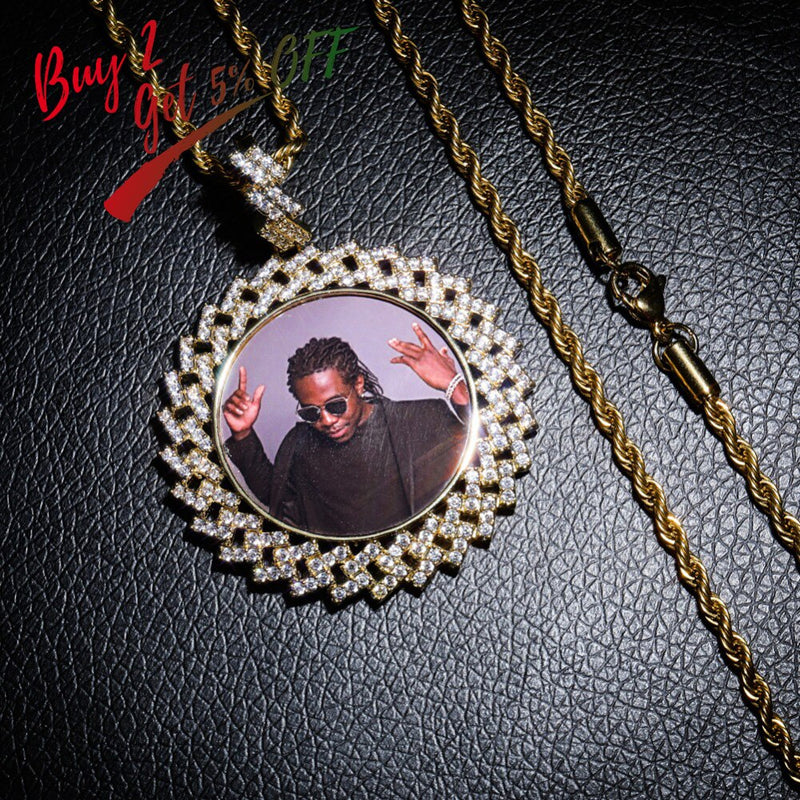 TOPGRILLZ Custom Made Photo Round Medallions Necklace & Pendant with 4mm Tennis Chain Gold Silver Cubic Zircon  Hip hop Jewelry