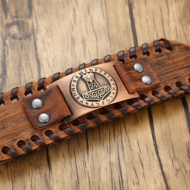 Vnox 26 mm breite Armbänder für Männer Viking Icon Nordic Rune Hammer Armband Schwarz Braun Punk Rock Vintage-Schmuck