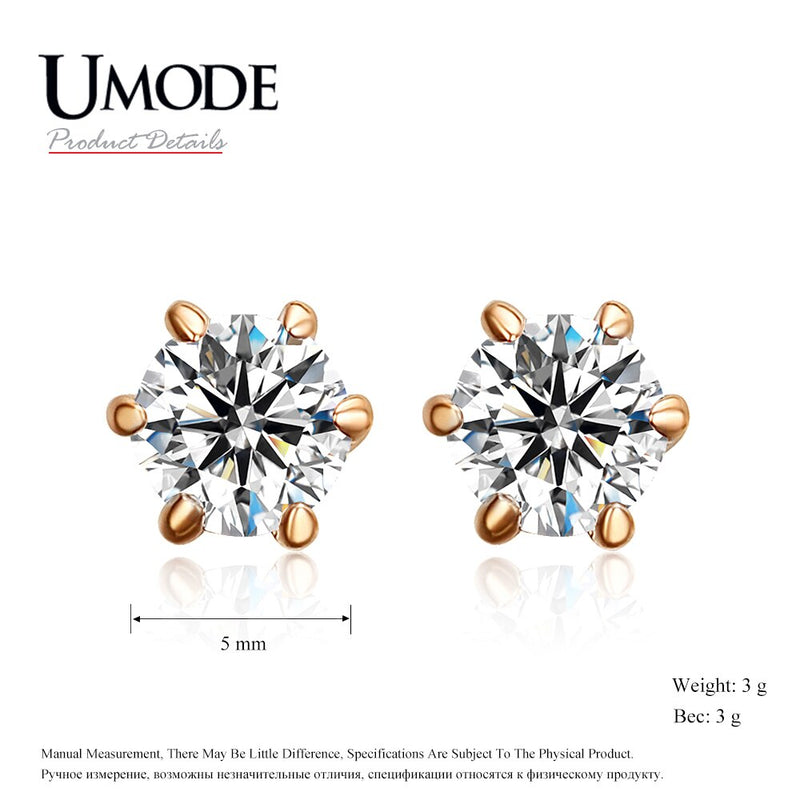 UMODE Rose Gold color 6 Prongs Sparkling 0.5ct Cubic Zirconia Cubic Zirconia Post CZ Stud Earrings JE0137A