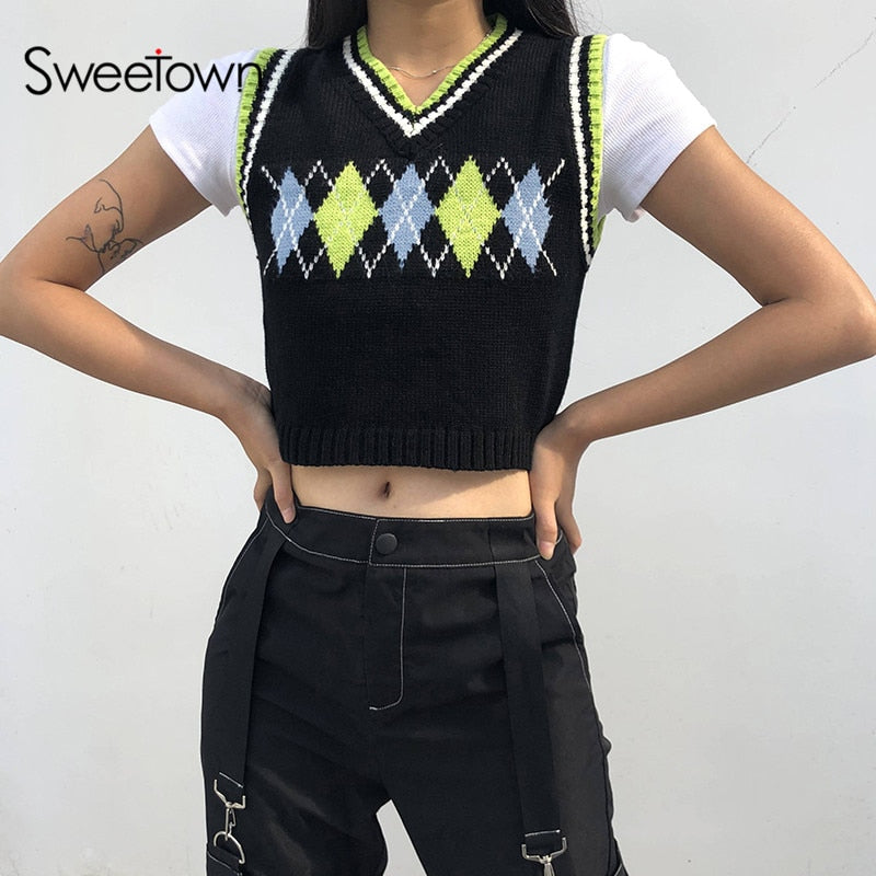 Camiseta sin mangas de punto a cuadros Sweetown Argyle, ropa de calle para mujer, ropa nueva de estilo pijo, prendas de punto recortadas con cuello de pico a rayas, chaleco tipo suéter de los años 90