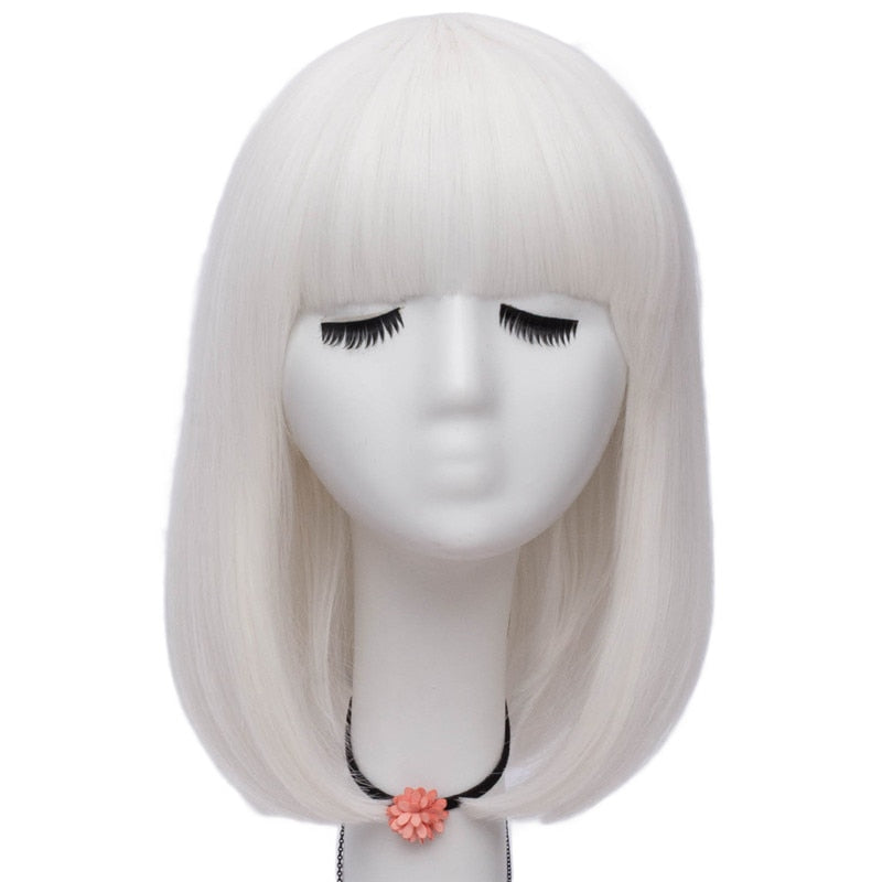 Women Orange Short Cosplay Wig with Bangs BOb Hairstyle  Heat Resistant Fiber Synthetic Straight Hair