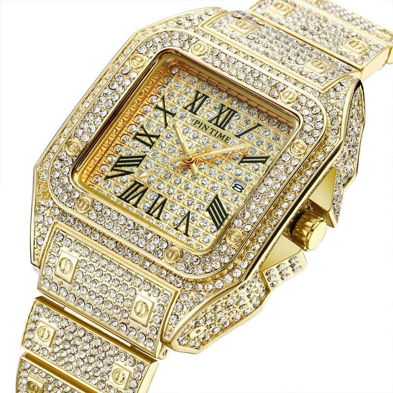 HIP HOP Gold Watch Men Watch Famous Top Brand Luxury Iced Out Male Quartz Watchs Square Diamond Calendar Wristwatch Mens Clock