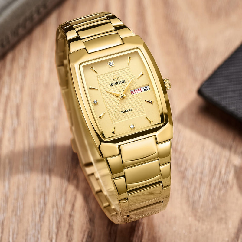 Relogio Masculino WWOOR 2022 nuevo reloj cuadrado para hombre con fecha de semana automática relojes de pulsera de cuarzo para hombre de lujo de acero inoxidable dorado