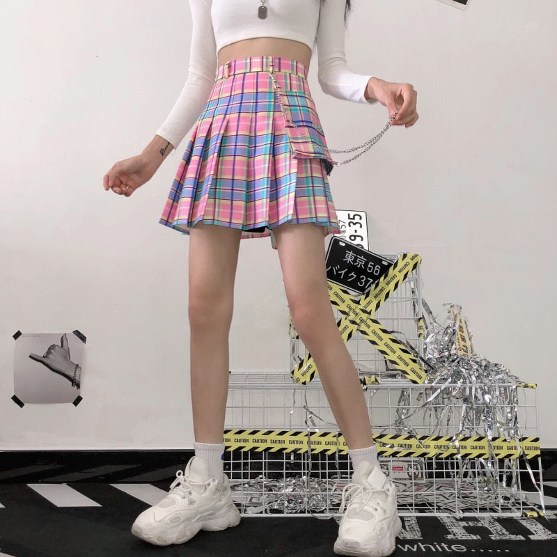 Harajuku Niedliche Röcke Frauen Kawaii Plaid Elastische Hohe Taille A-Linie Plissee Miniröcke Regenbogen Koreanisch Japanisch Schuluniform