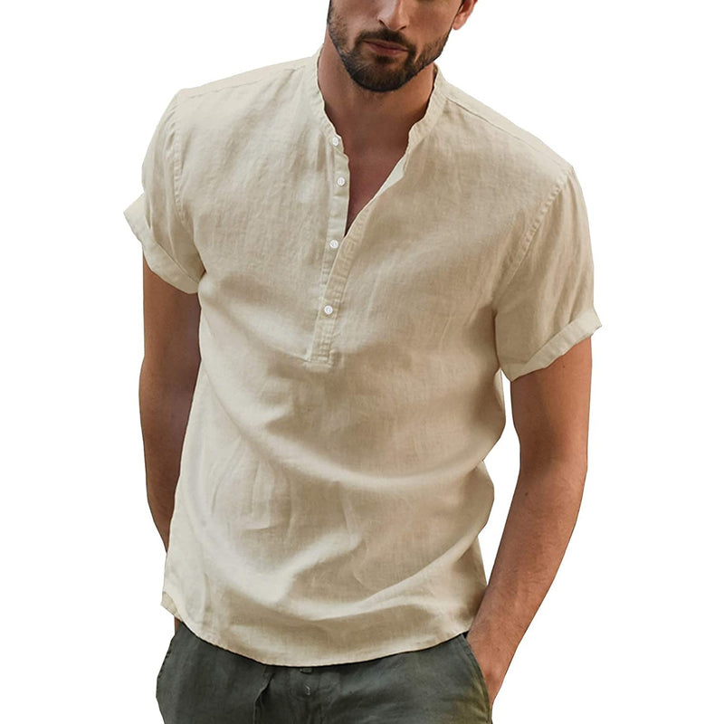 Men's Casual Cotton Linen Shirts Summer Short Sleeve Linen Turn-Down Collar Shirts Handsome Men Shirts