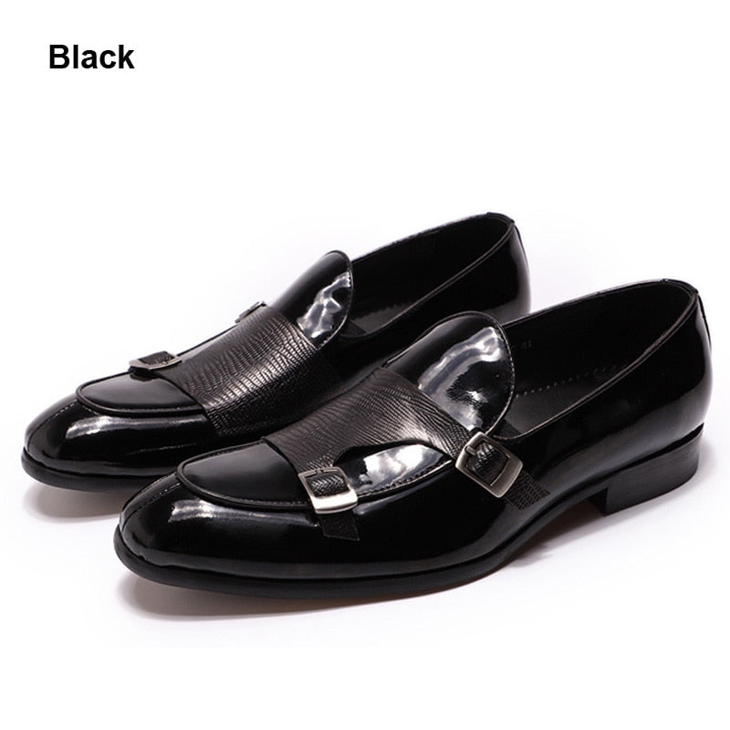 FELIX CHU Brand Patent Leather Mens Loafers Wedding Party Dress Shoes Black Green Monk Strap Casual Fashion Men Slip On Shoes