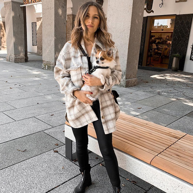 New Autumn Winter Women Jacket Checked Coat Long Sleeves Oversized Thicken Casual Fashion Women Coats Tops