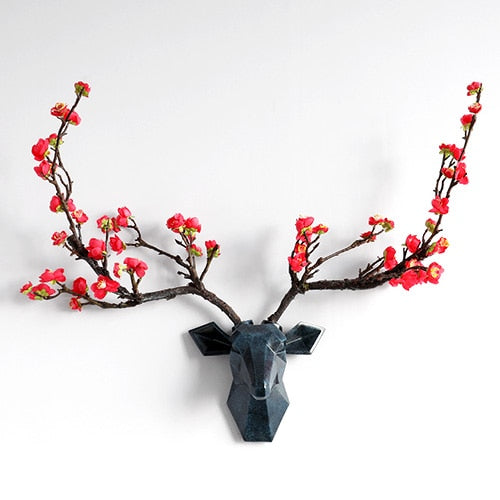 Cabeza de ciervo con asta de flores decoración de pared 3d Animal moderno escuchar decoraciones para el hogar escultura abstracta estatua de pared para regalo