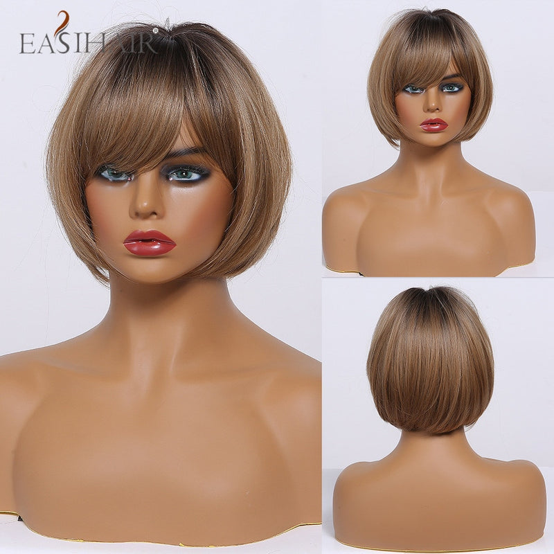 EASIHAIR Dark Brown Short BoBo Wigs with Bangs Heat Resistant Synthetic Hair Wigs Cosplay Lolita Female Wigs for Women